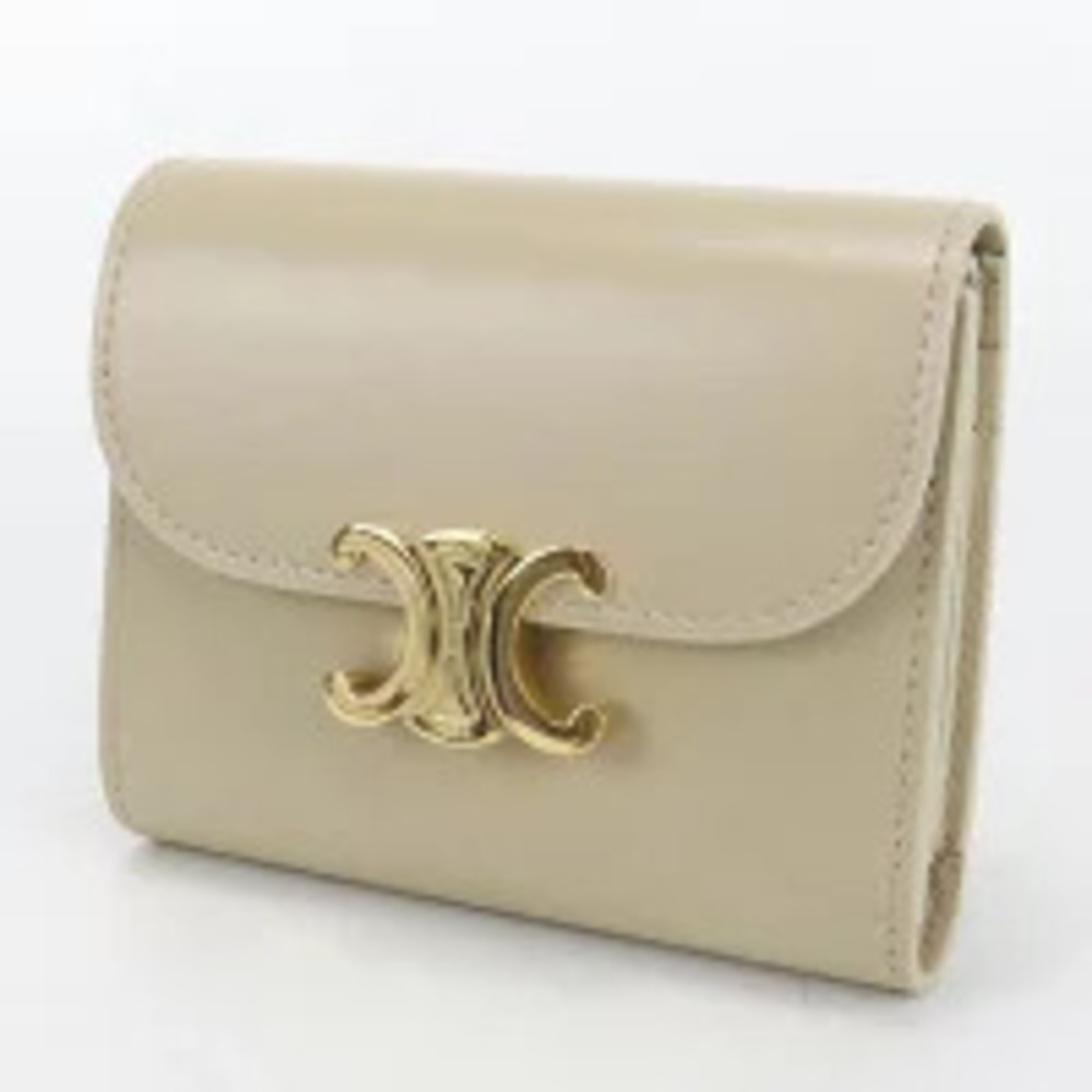 Celine Flap Wallet Tri Compact Beige Triomphe fold Cream Tan Cream